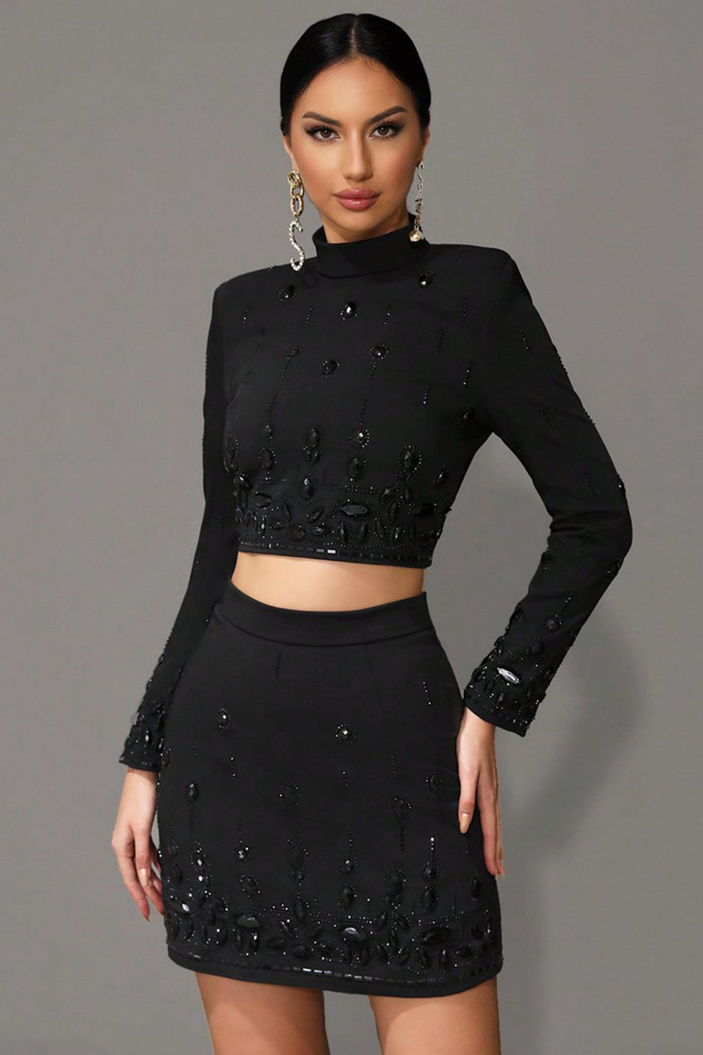 Miriam Black Rhinestone Crop Top and Skirt Two-Piece Set