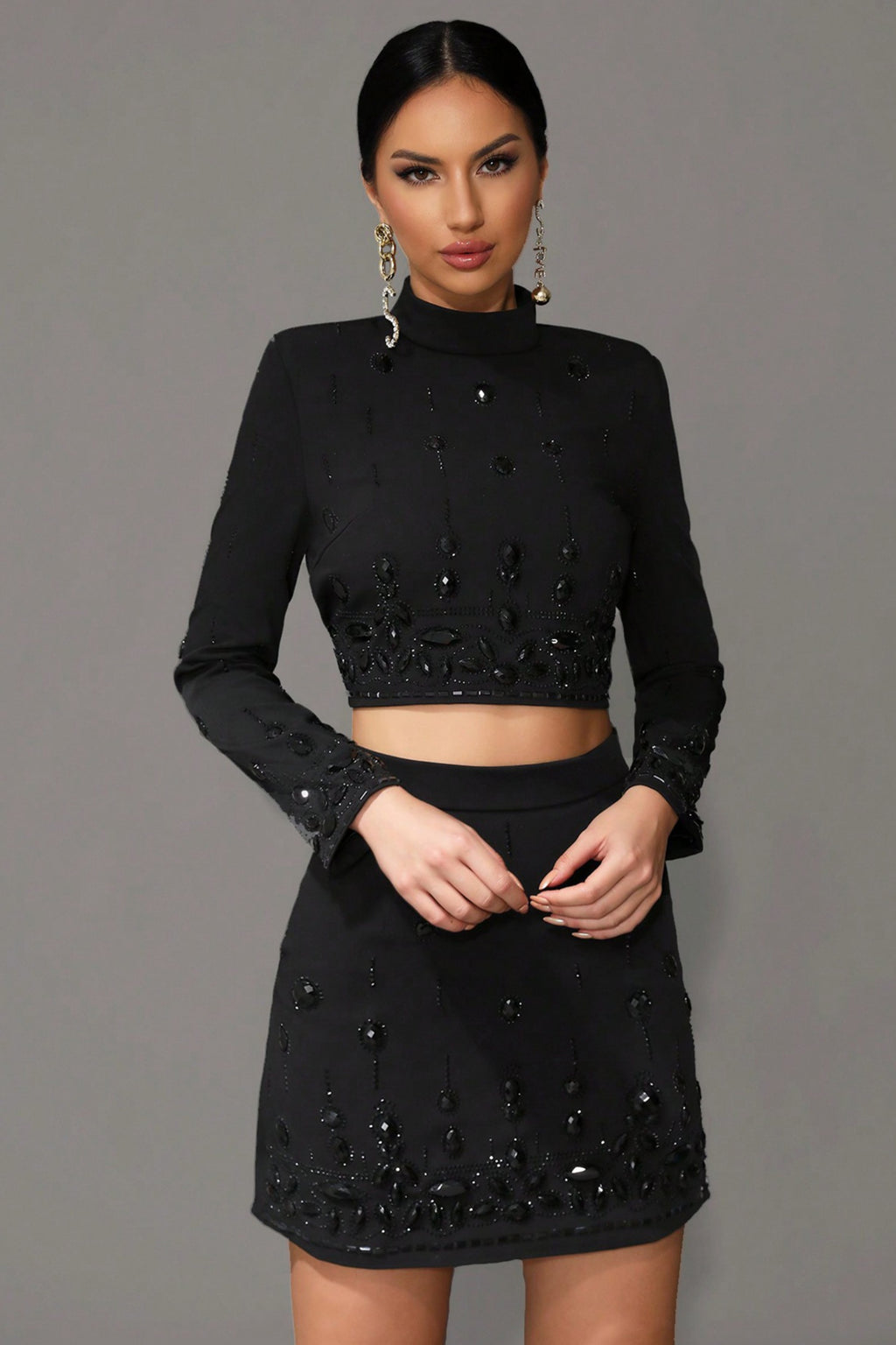 Miriam Black Rhinestone Crop Top and Skirt Two-Piece Set
