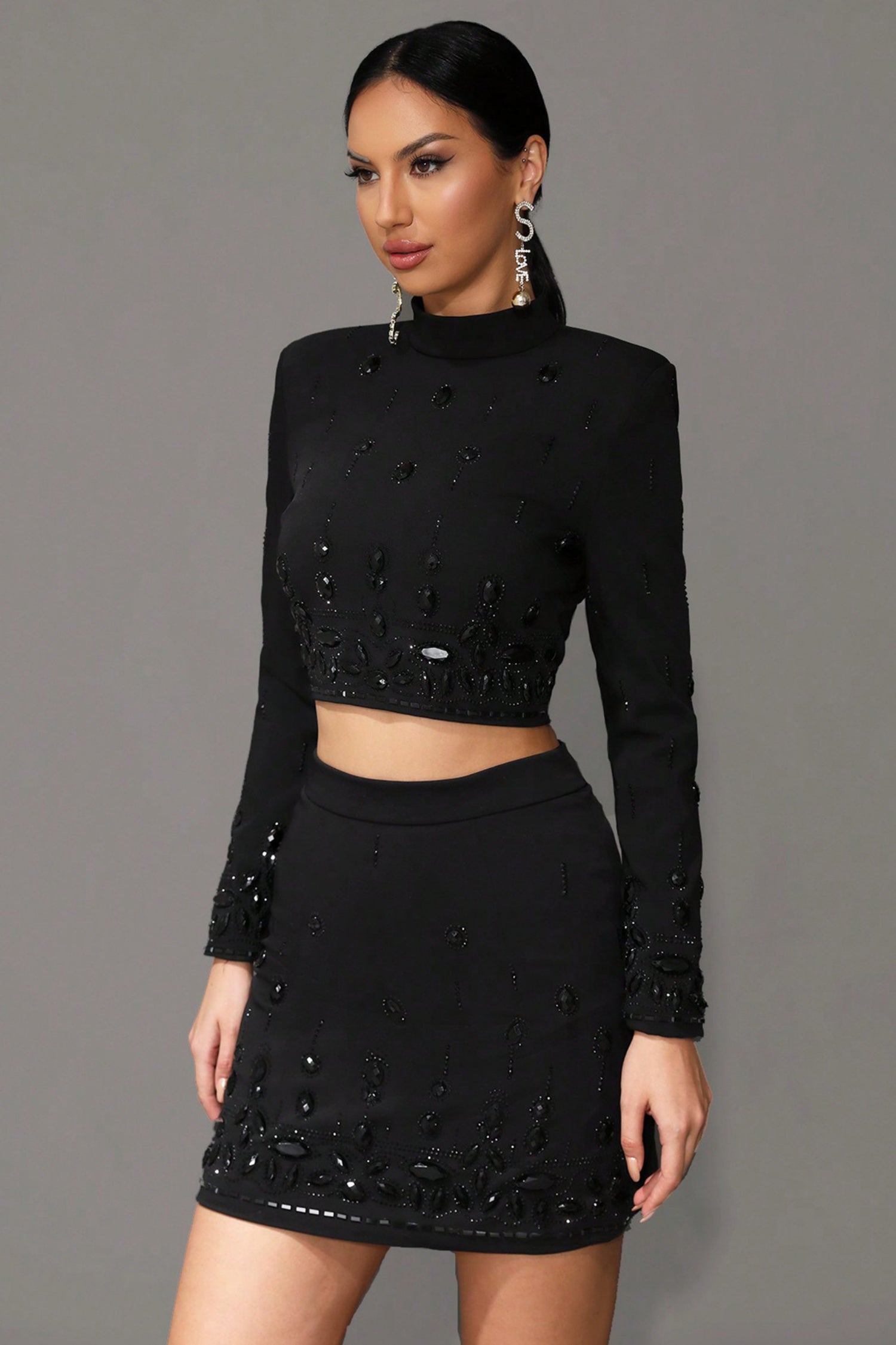 Miriam Black Rhinestone Crop Top and Skirt Two-Piece Set