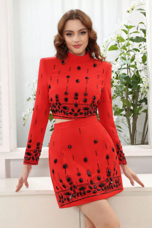 Miriam Red Rhinestone Crop Top and Skirt Two-Piece Set