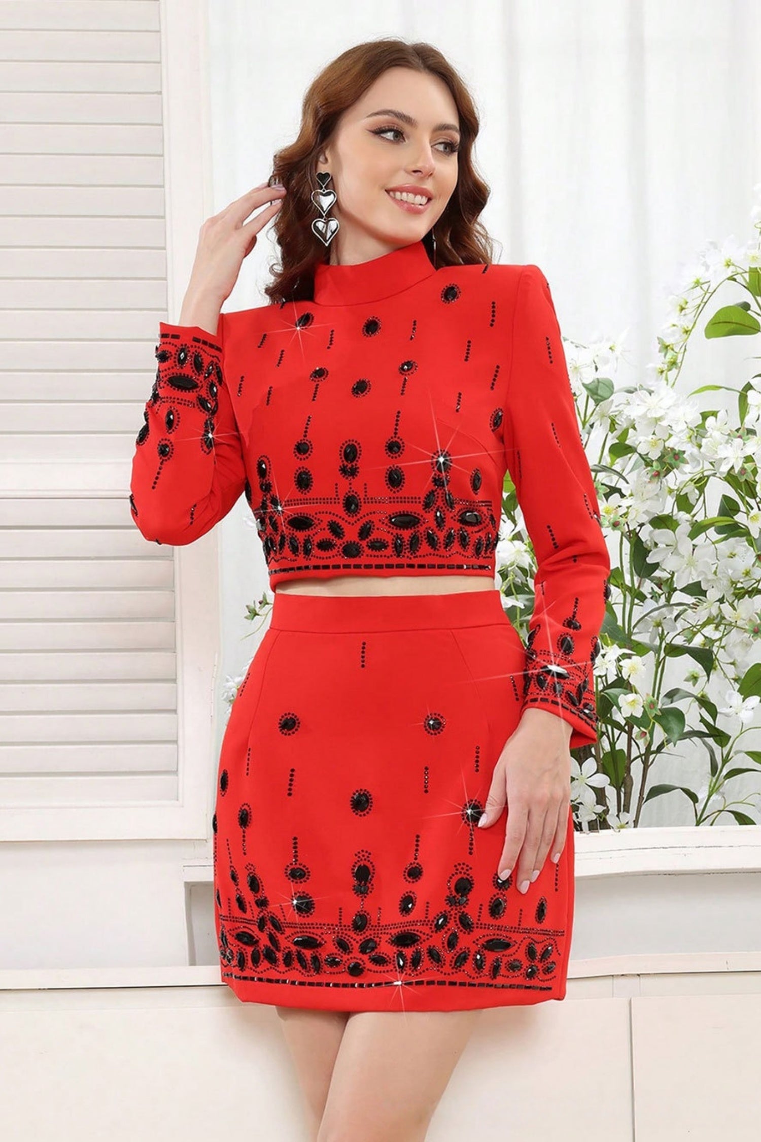 Miriam Red Rhinestone Crop Top and Skirt Two-Piece Set