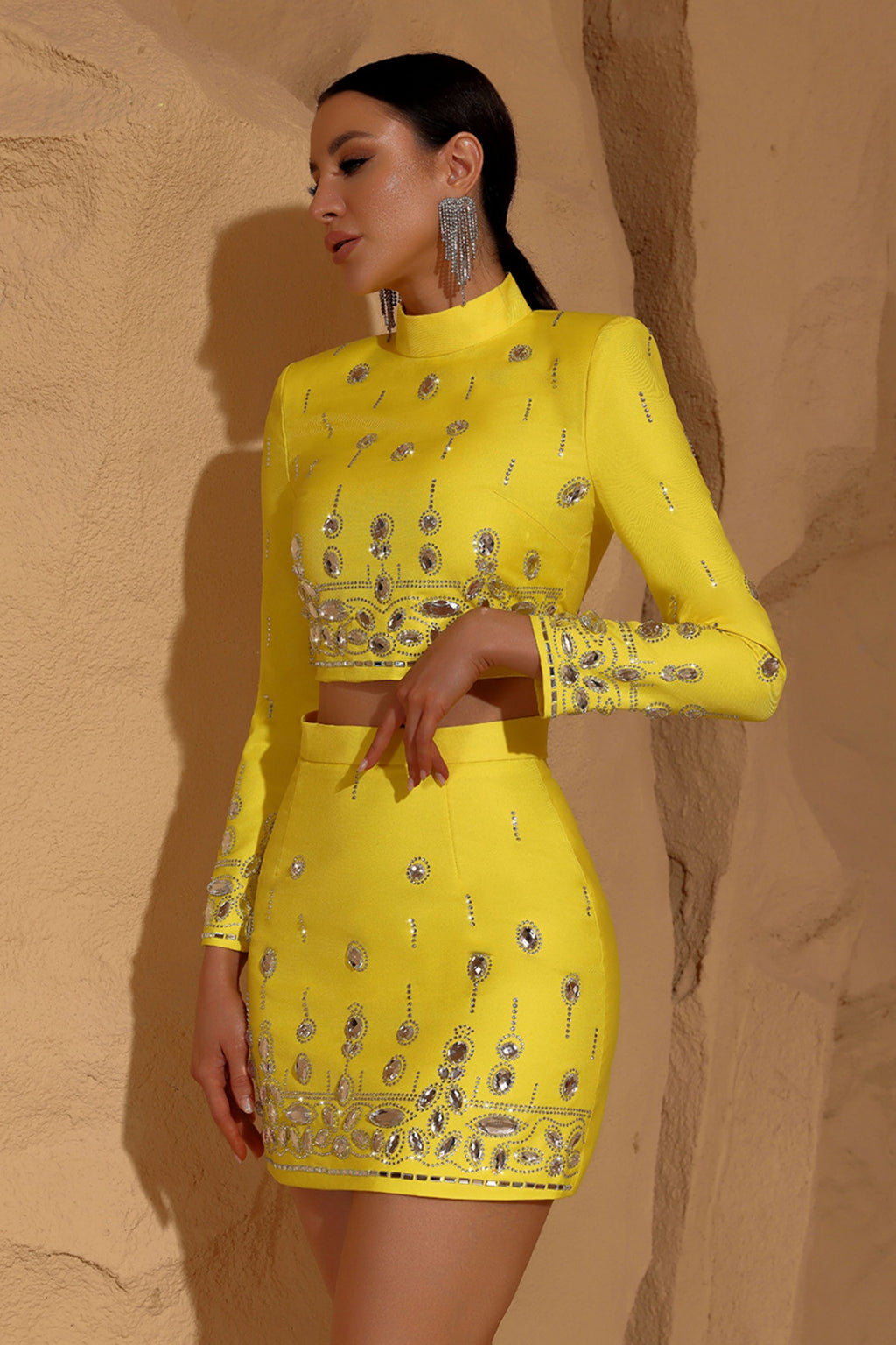 Miriam Yellow Rhinestone Crop Top and Skirt Two-Piece Set