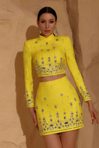 Miriam Yellow Rhinestone Crop Top and Skirt Two-Piece Set