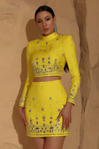 Miriam Yellow Rhinestone Crop Top and Skirt Two-Piece Set
