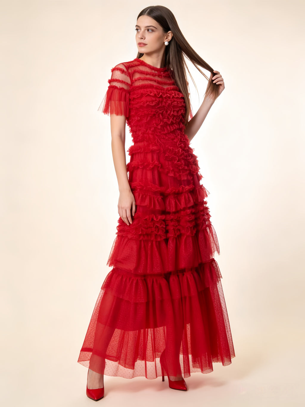 Naomi Red Ruffled Short Sleeve Maxi Dress