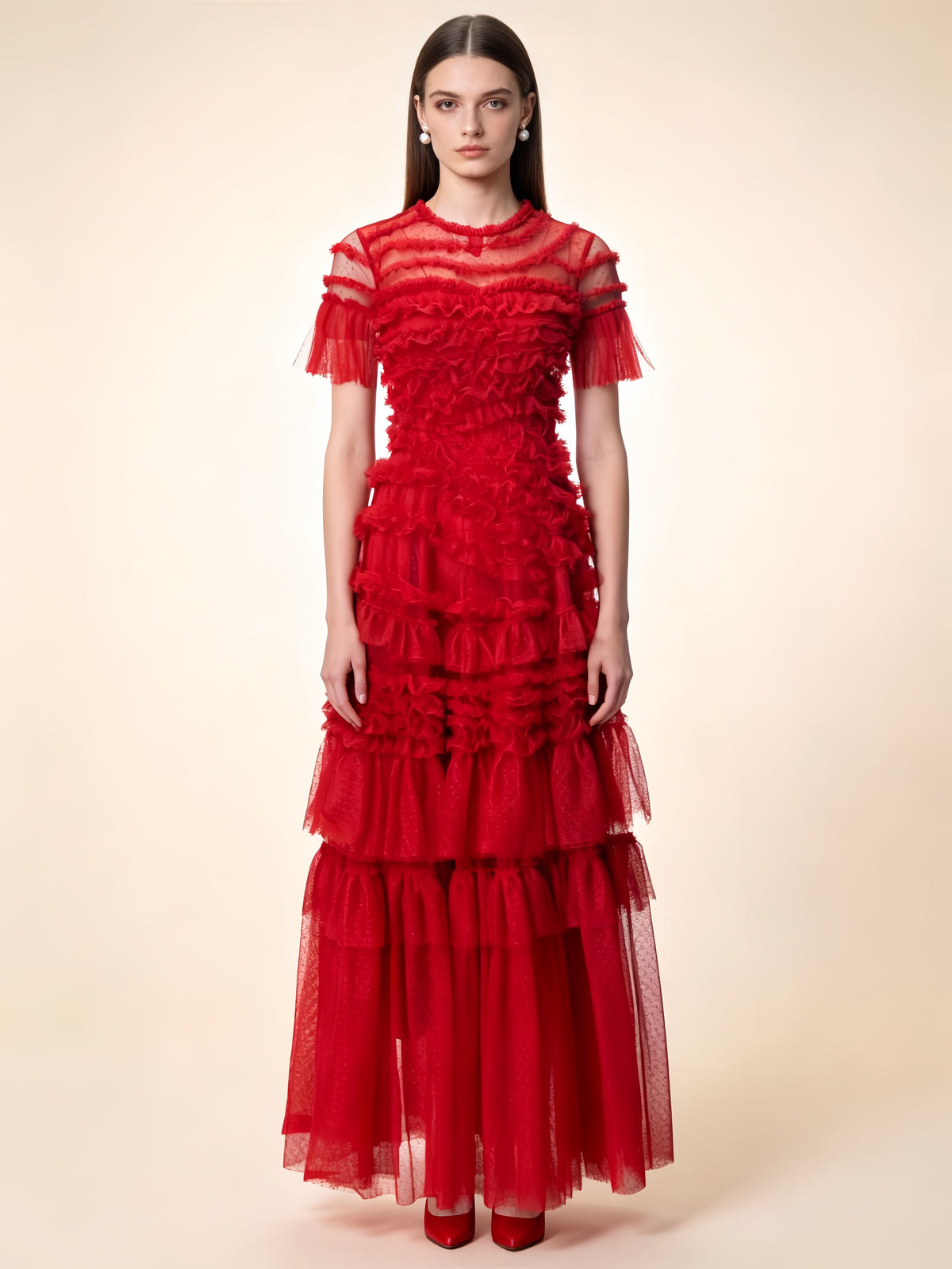 Naomi Red Ruffled Short Sleeve Maxi Dress