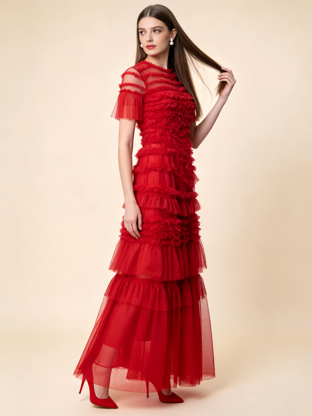 Naomi Red Ruffled Short Sleeve Maxi Dress