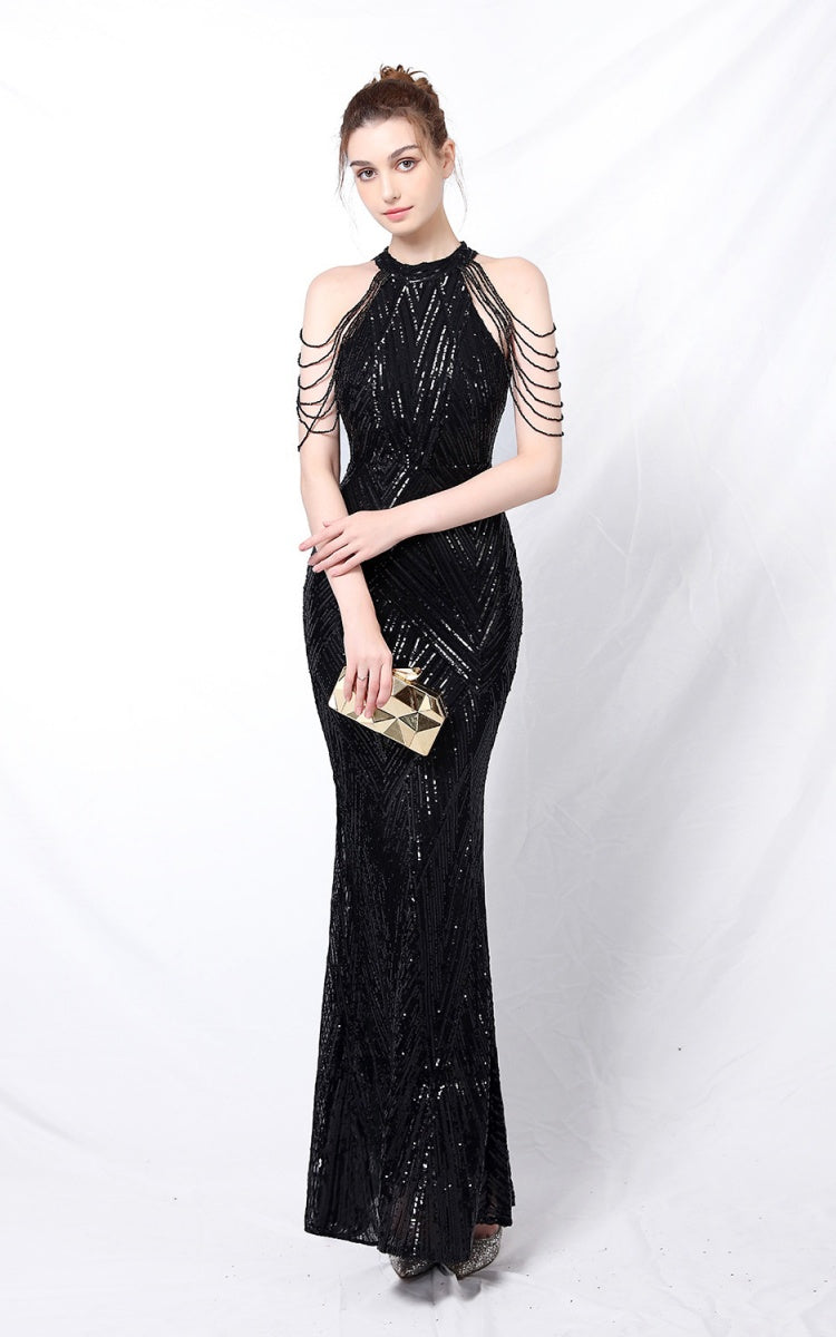 Nolan Black Rhinestone Tassel Maxi Evening Dress Main image