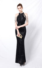 Nolan Black Rhinestone Tassel Maxi Evening Dress