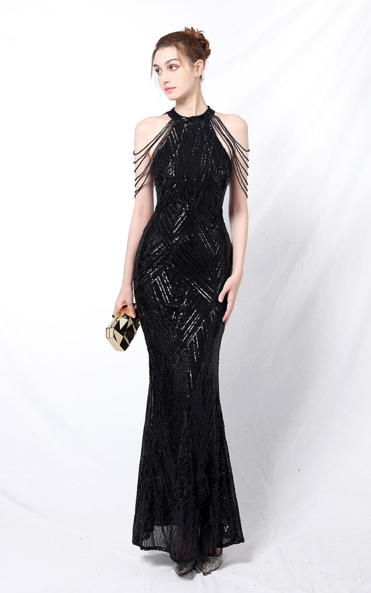 Nolan Black Rhinestone Tassel Maxi Evening Dress