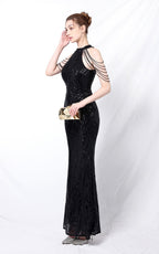 Nolan Black Rhinestone Tassel Maxi Evening Dress