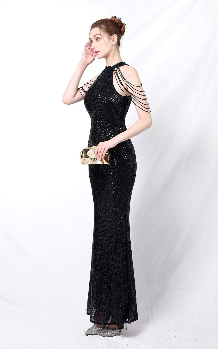 Nolan Black Rhinestone Tassel Maxi Evening Dress