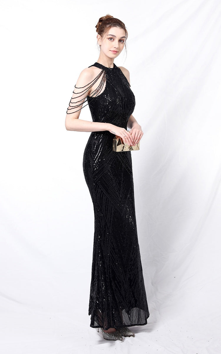 Nolan Black Rhinestone Tassel Maxi Evening Dress