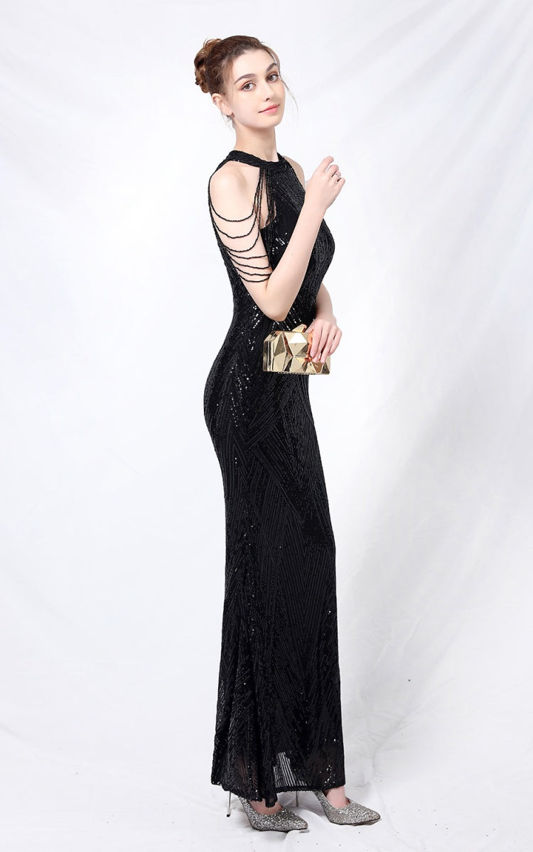 Nolan Black Rhinestone Tassel Maxi Evening Dress