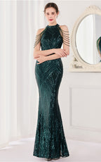 Nolan Dark Green Rhinestone Tassel Maxi Evening Dress