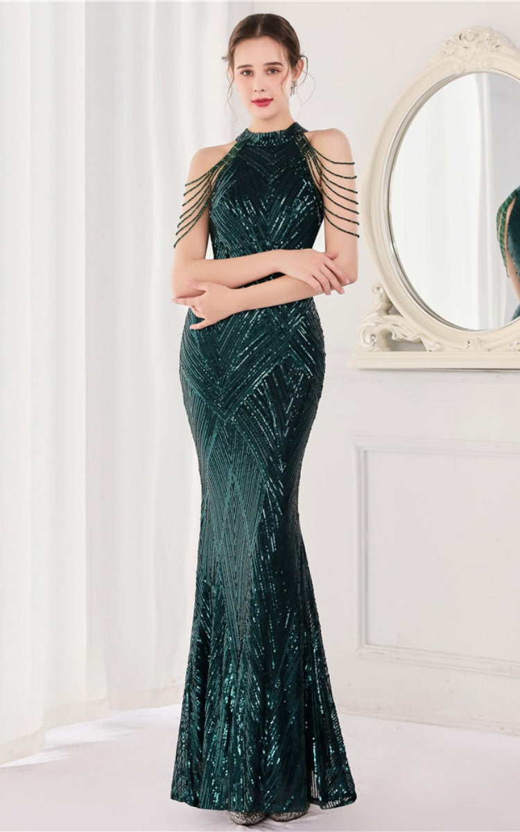 Nolan Dark Green Rhinestone Tassel Maxi Evening Dress