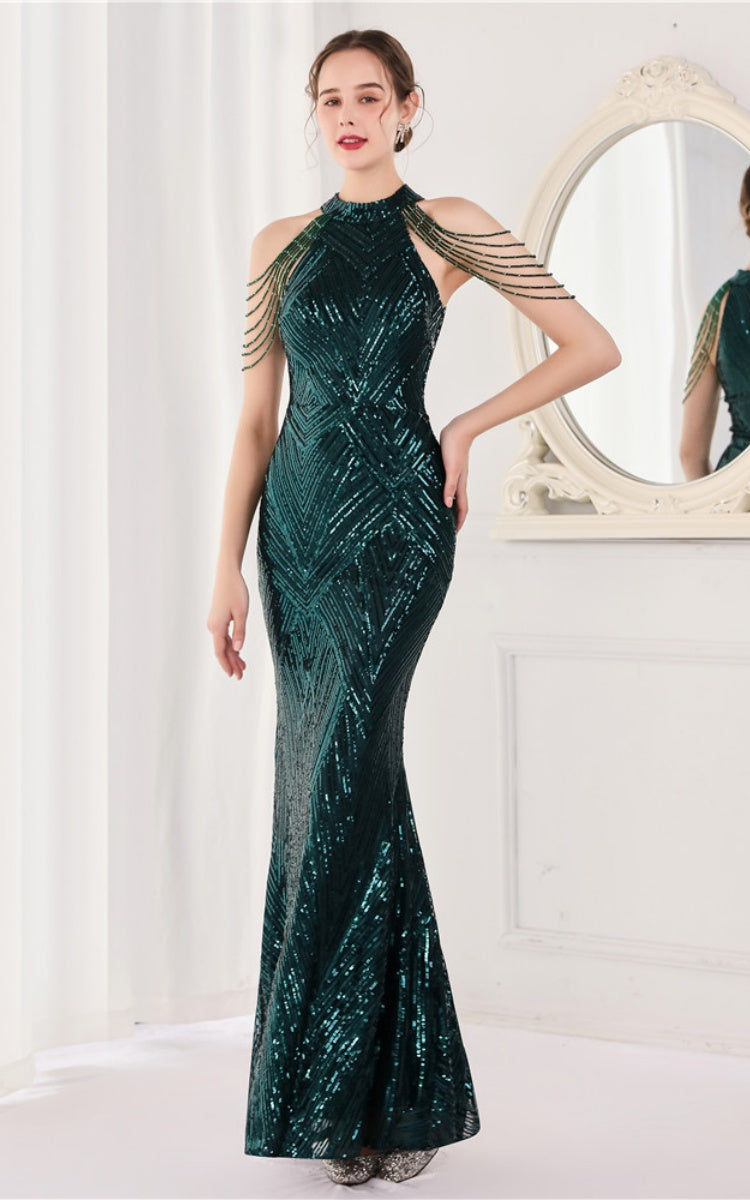 Nolan Dark Green Rhinestone Tassel Maxi Evening Dress