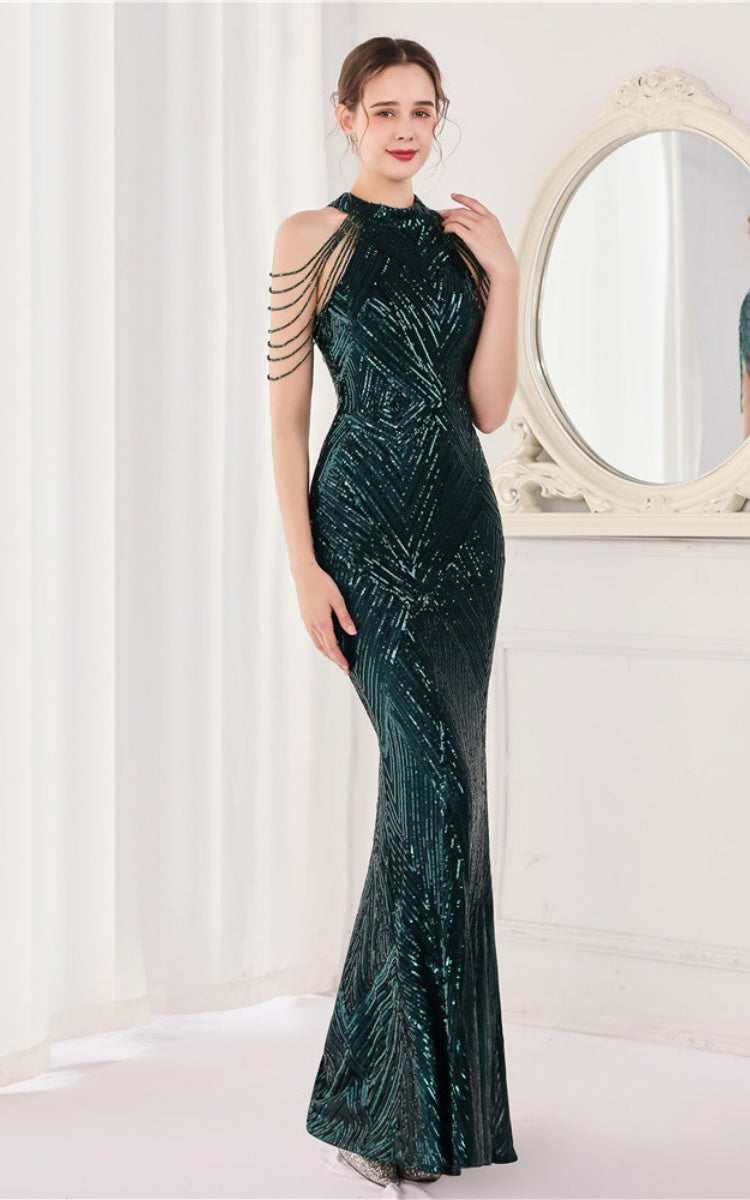 Nolan Dark Green Rhinestone Tassel Maxi Evening Dress Main image