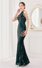 Nolan Dark Green Rhinestone Tassel Maxi Evening Dress