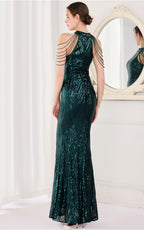 Nolan Dark Green Rhinestone Tassel Maxi Evening Dress