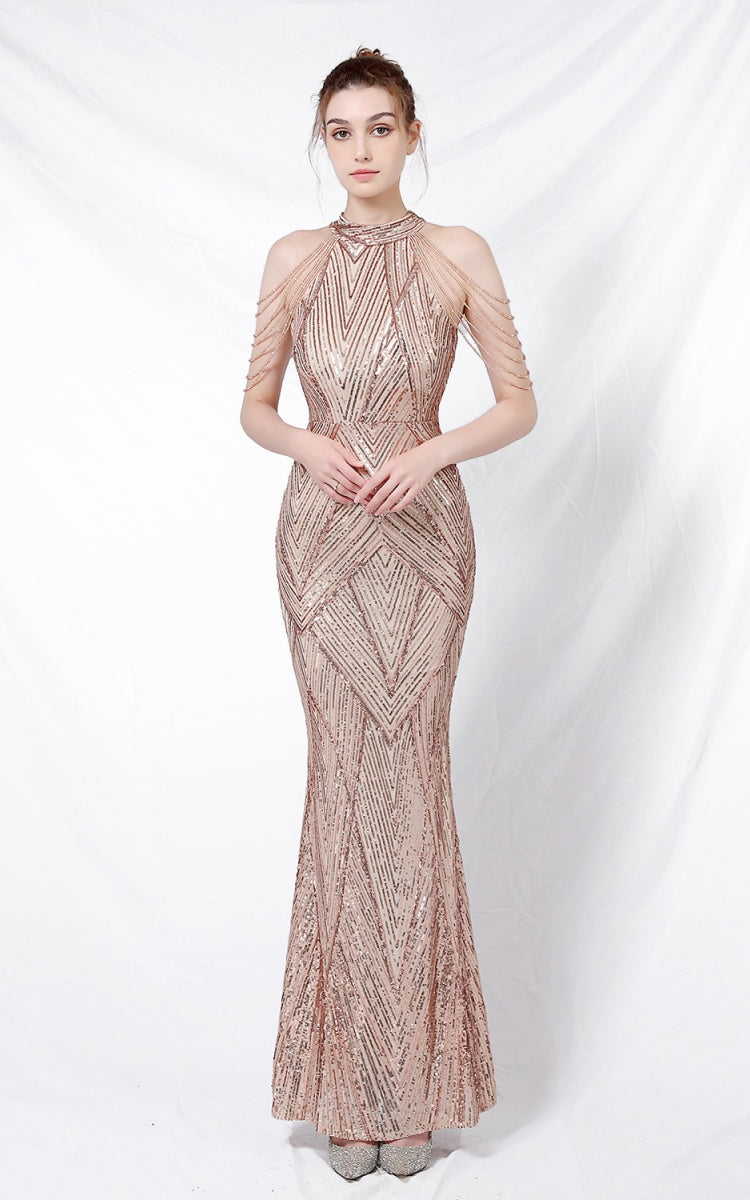 Nolan Gold Rhinestone Tassel Maxi Evening Dress