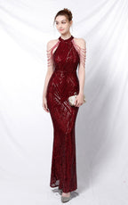 Nolan Red Rhinestone Tassel Maxi Evening Dress