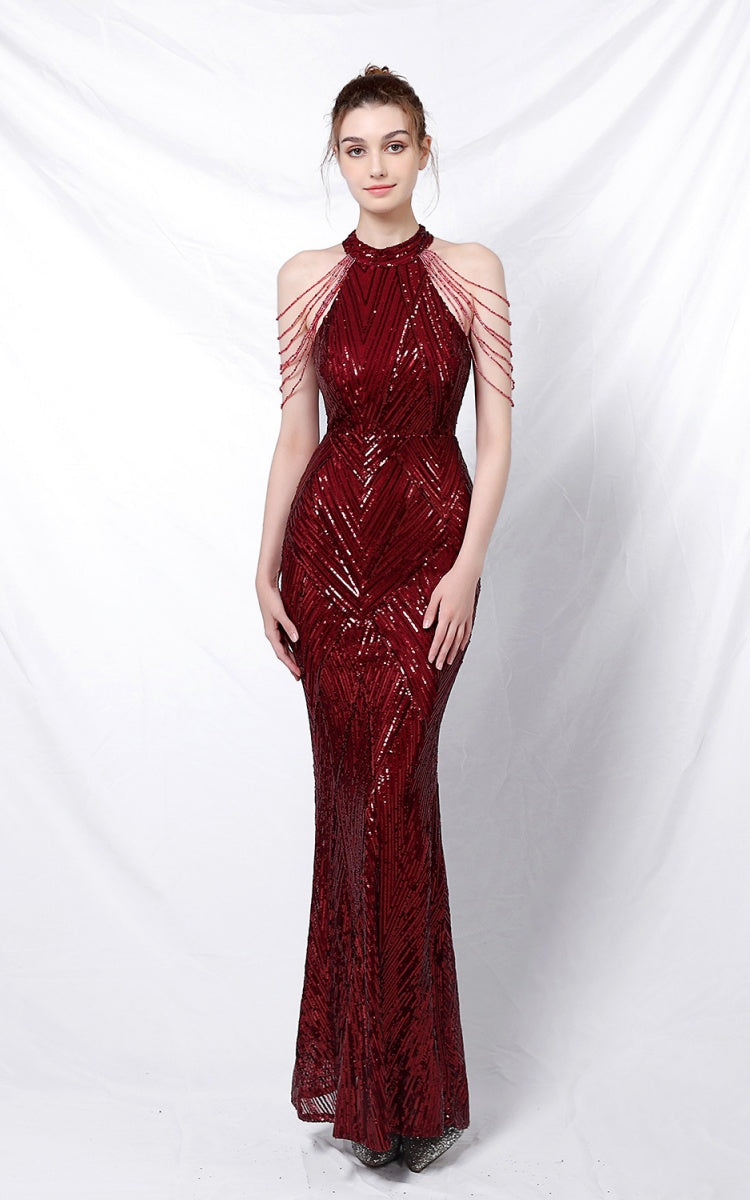 Nolan Red Rhinestone Tassel Maxi Evening Dress