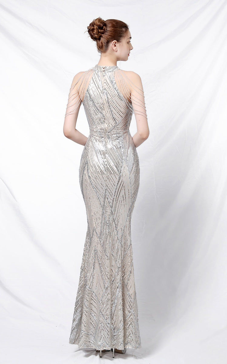 Nolan Silver Rhinestone Tassel Maxi Evening Dress
