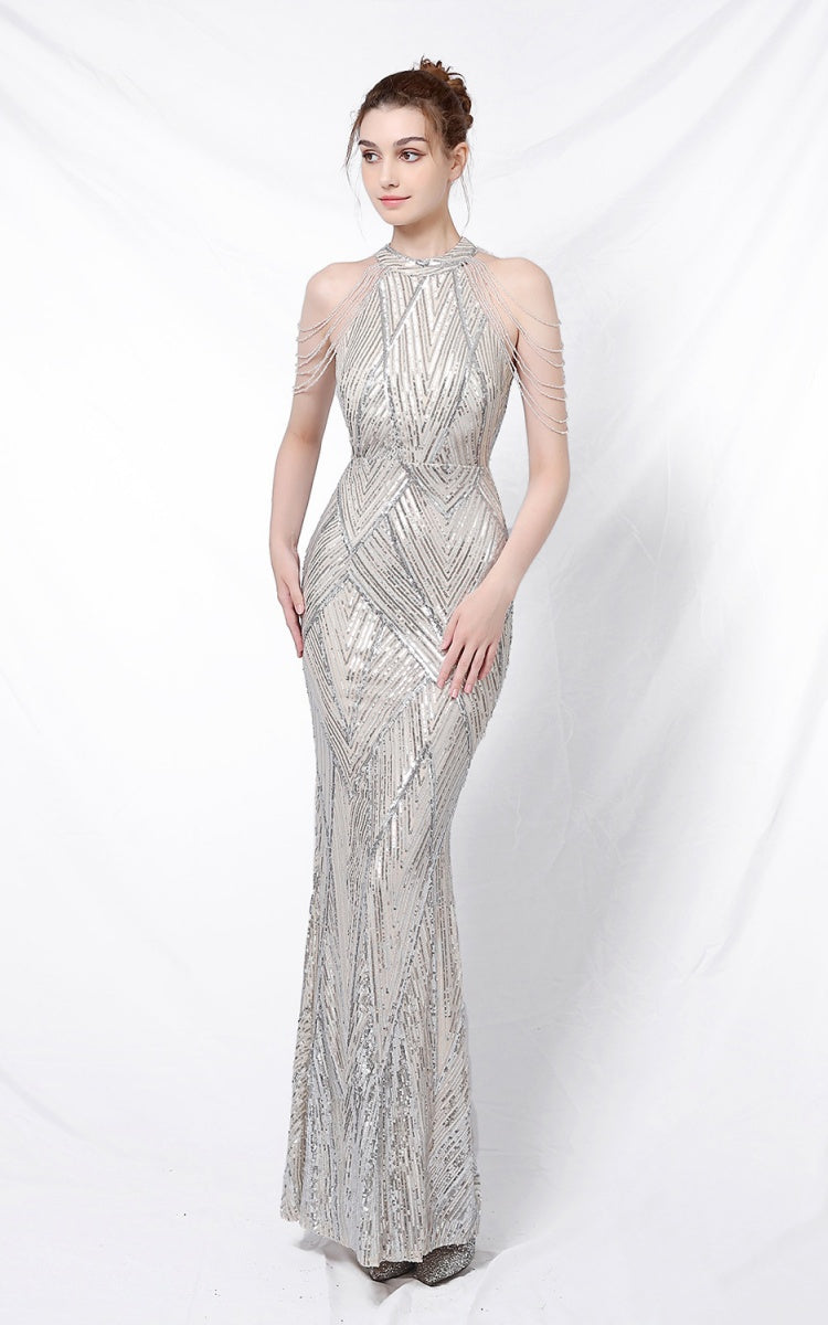 Nolan Silver Rhinestone Tassel Maxi Evening Dress