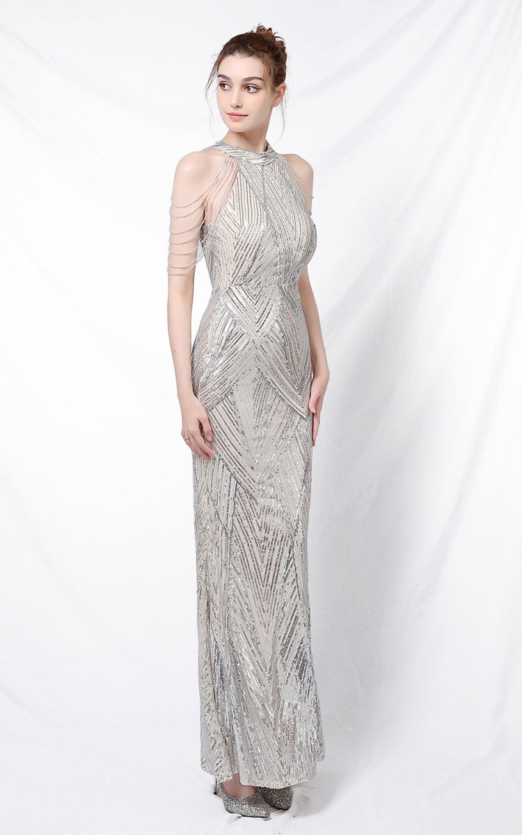 Nolan Silver Rhinestone Tassel Maxi Evening Dress