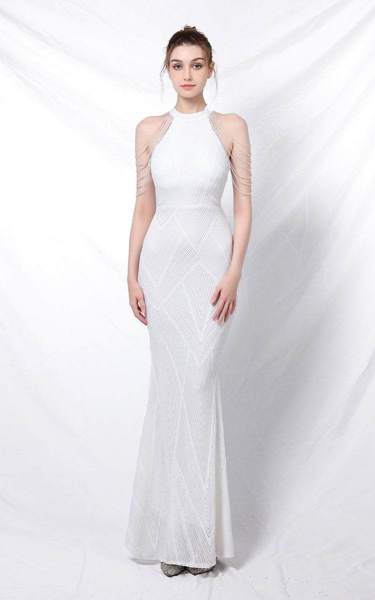 Nolan White Rhinestone Tassel Maxi Evening Dress Main image