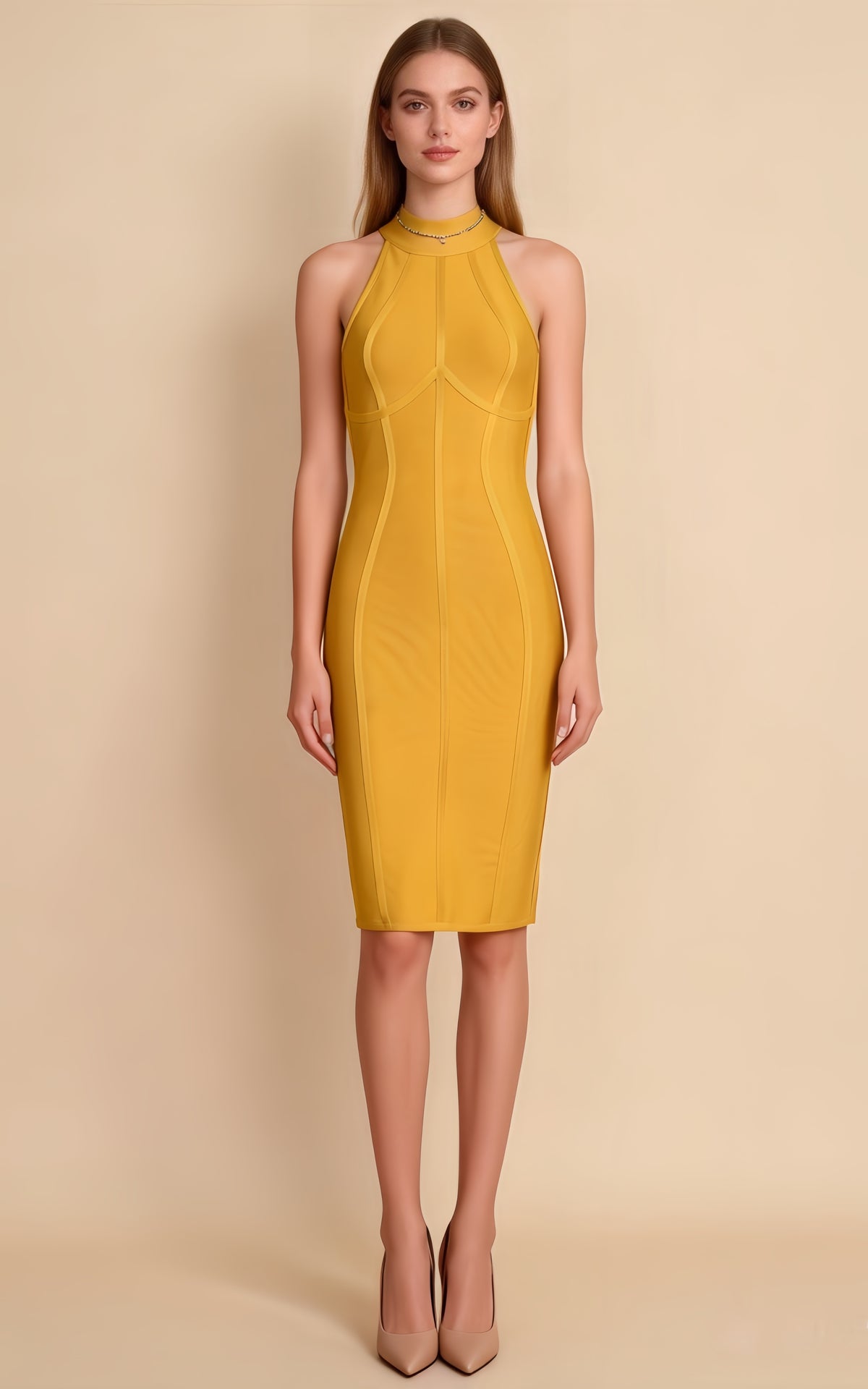 Nora Yellow Halter Bandage Midi Dress