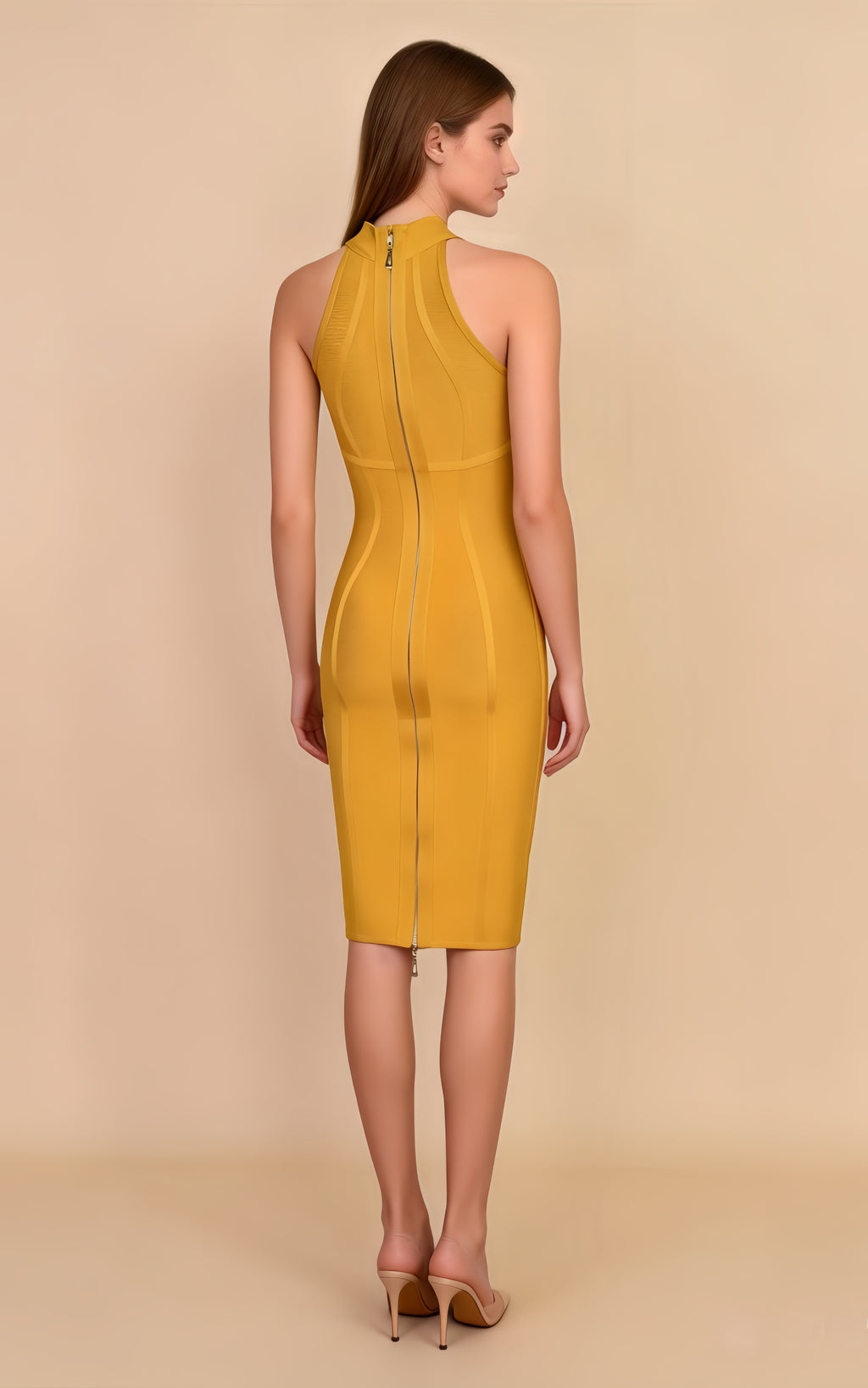 Nora Yellow Halter Bandage Midi Dress