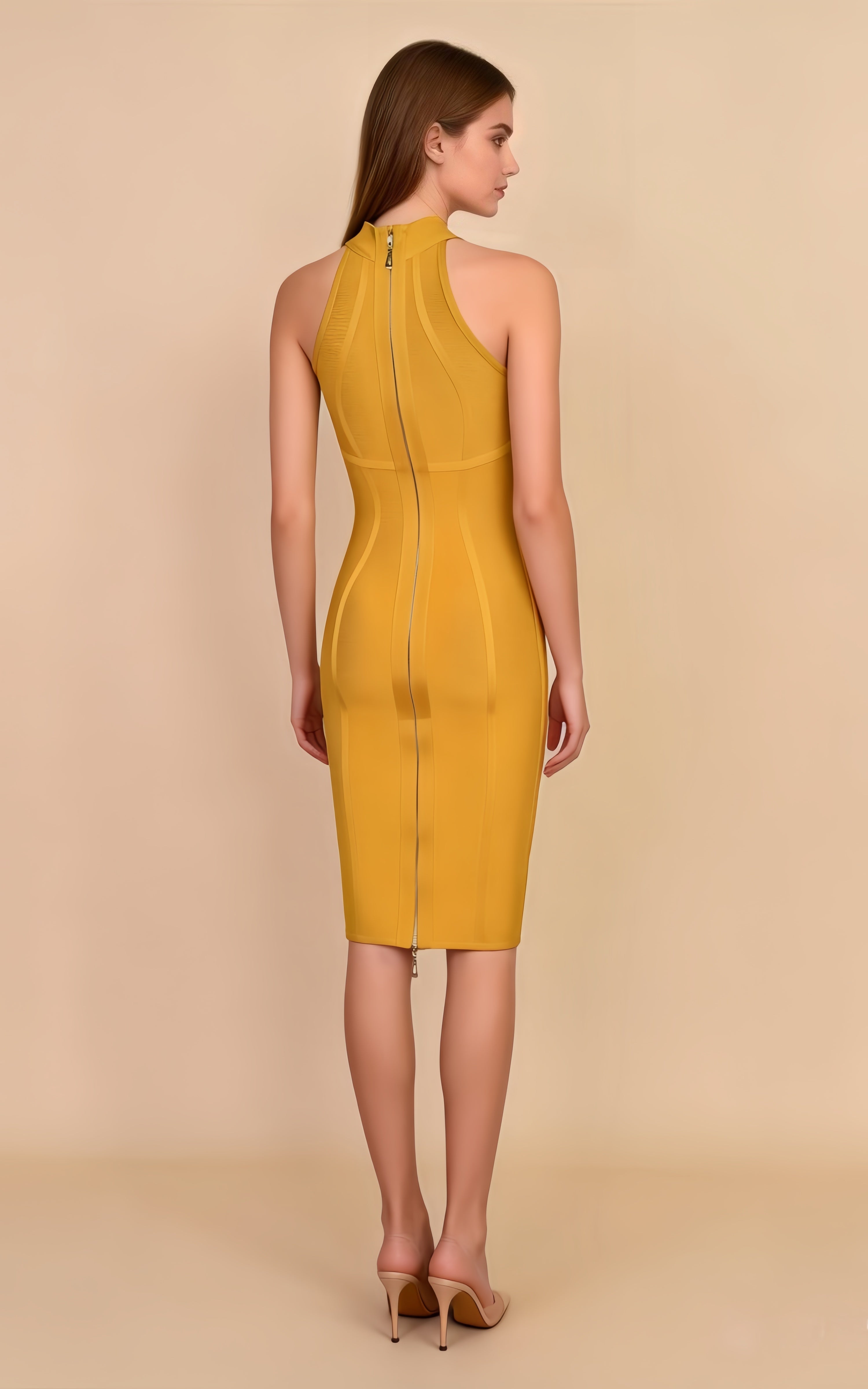 Nora Yellow Halter Bandage Midi Dress