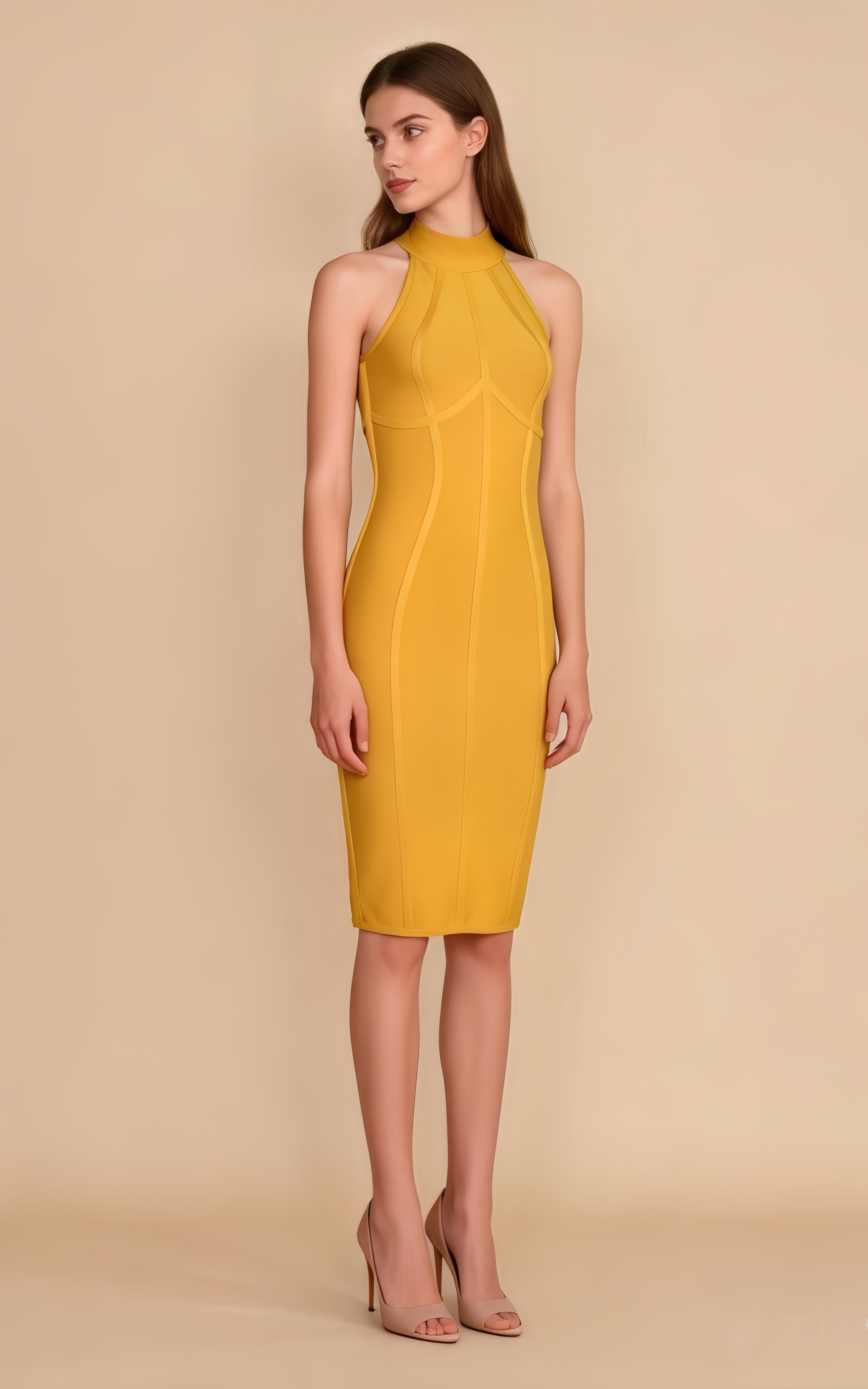Nora Yellow Halter Bandage Midi Dress