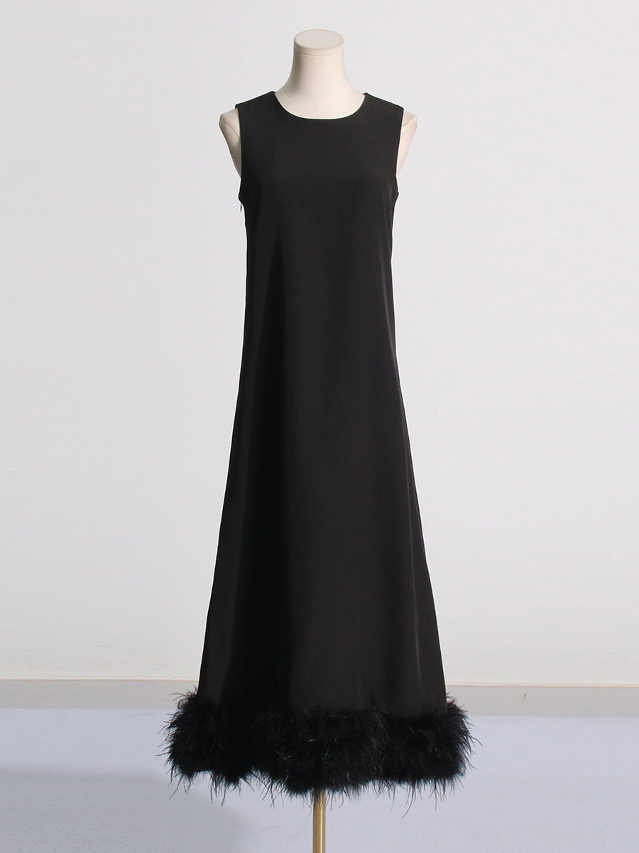 Greta Black Sleeveless Feather-Hem Maxi Dress
