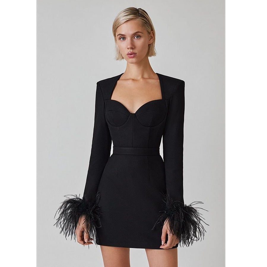 Lance Black Feather Bandage Mini Dress