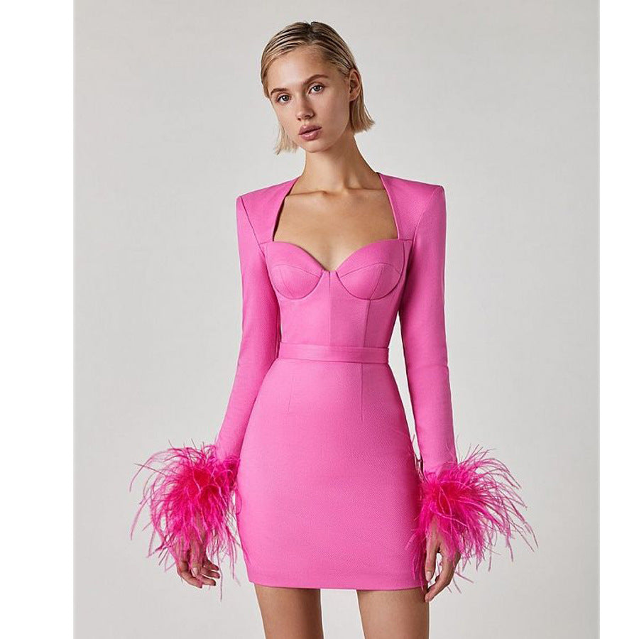Lance Pink Feather Bandage Mini Dress
