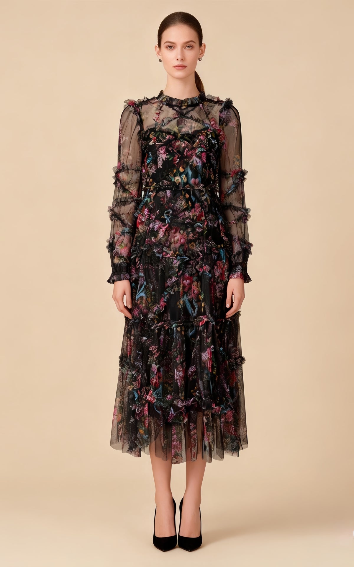 Oakleigh Floral Long Sleeve Mesh Maxi Dress In Black