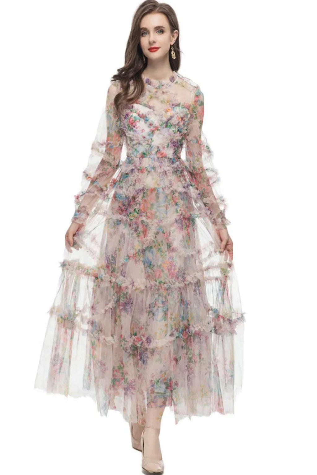 Oakleigh Floral Long Sleeve Mesh Maxi Dress - Apricot