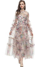 Oakleigh Floral Long Sleeve Mesh Maxi Dress - Apricot