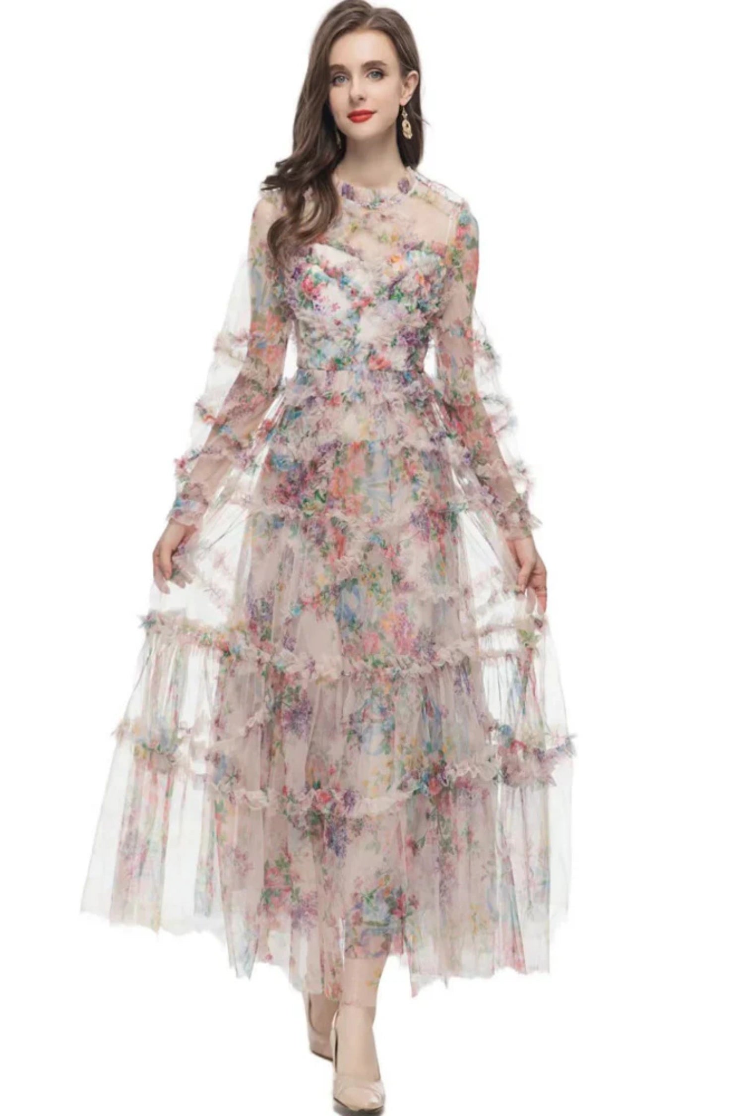 Oakleigh Floral Long Sleeve Mesh Maxi Dress - Apricot