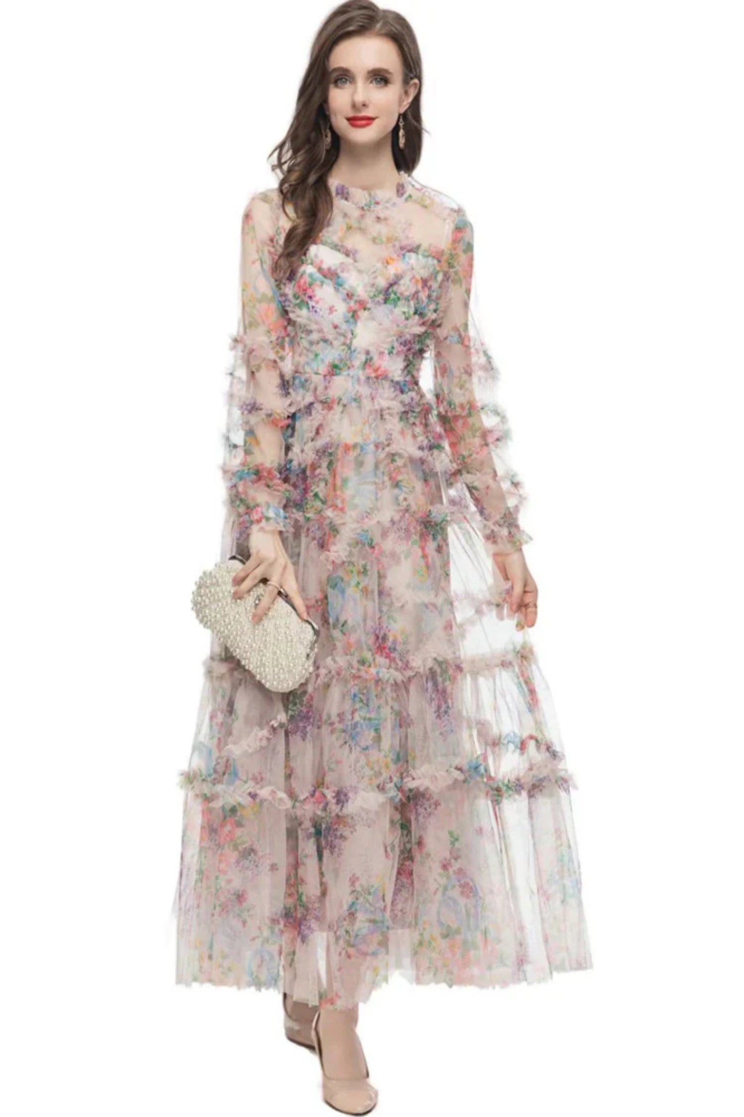 Oakleigh Floral Long Sleeve Mesh Maxi Dress - Apricot Main image