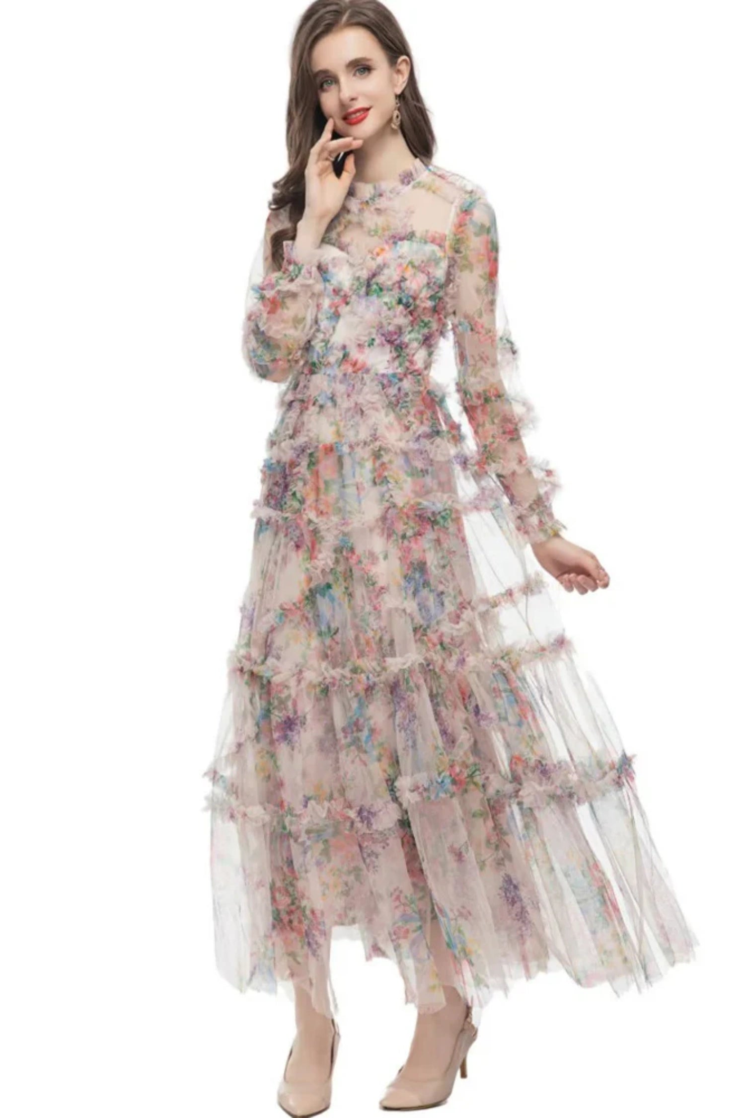 Oakleigh Floral Long Sleeve Mesh Maxi Dress - Apricot Secondary image