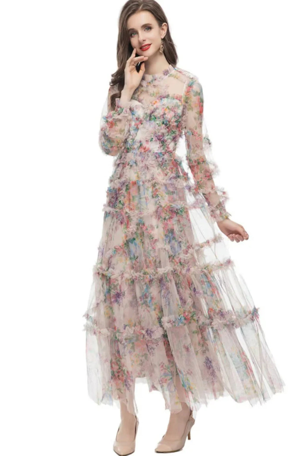 Oakleigh Floral Long Sleeve Mesh Maxi Dress - Apricot