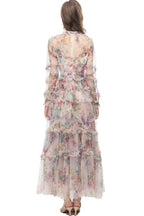 Oakleigh Floral Long Sleeve Mesh Maxi Dress - Apricot