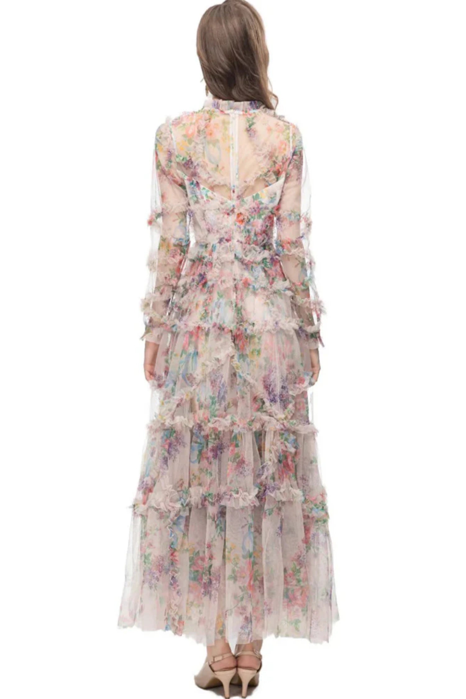 Oakleigh Floral Long Sleeve Mesh Maxi Dress - Apricot