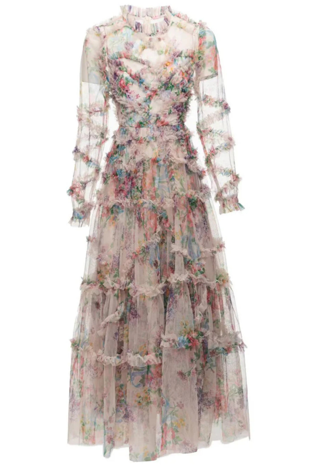 Oakleigh Floral Long Sleeve Mesh Maxi Dress - Apricot