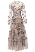 Oakleigh Floral Long Sleeve Mesh Maxi Dress - Apricot