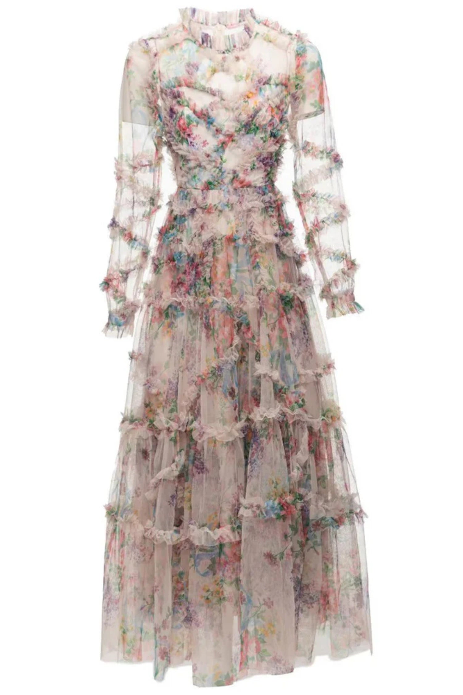 Oakleigh Floral Long Sleeve Mesh Maxi Dress - Apricot